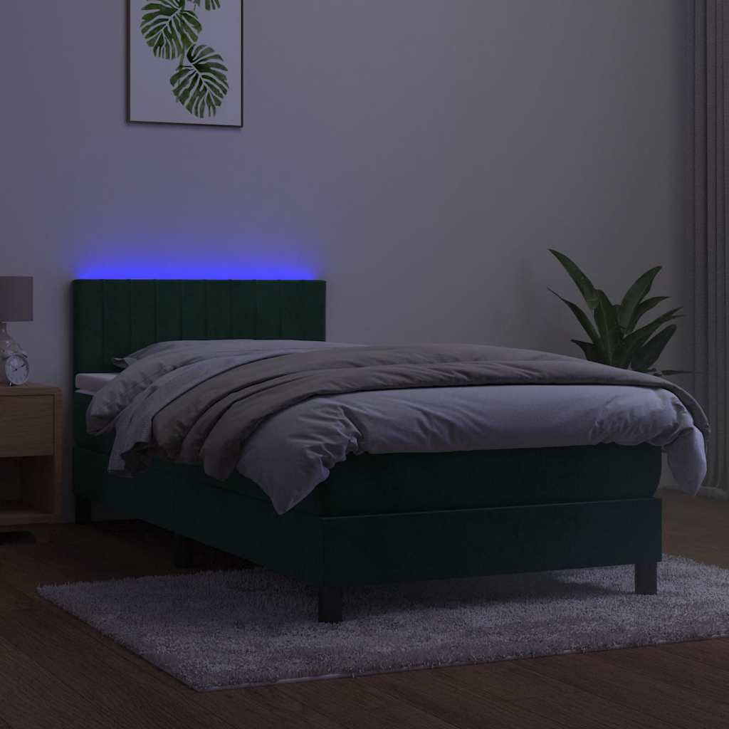sötétzöld bársony rugós és LED-es ágy matraccal 90x200 cm