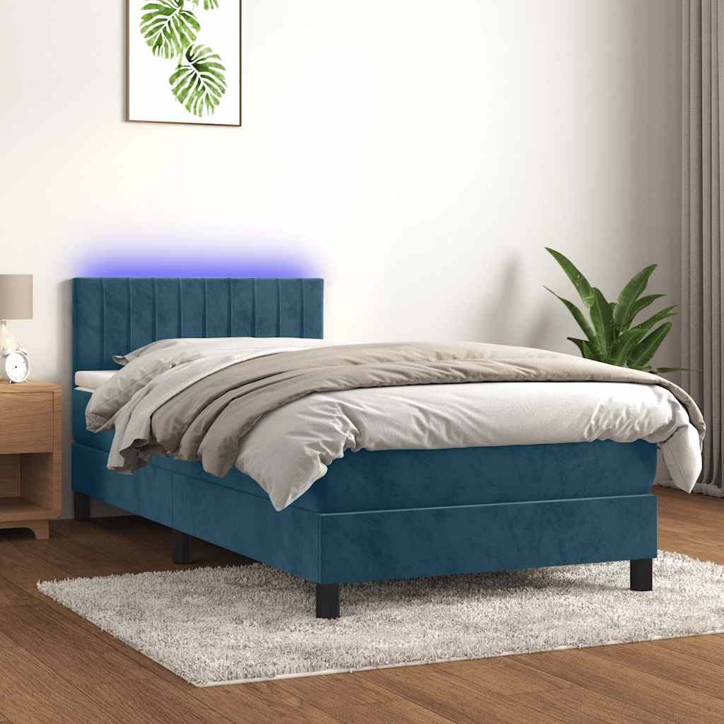 sötétkék bársony rugós és LED-es ágy matraccal 90x200 cm