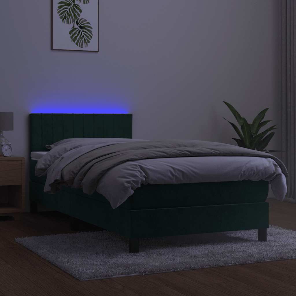 sötétzöld bársony rugós és LED-es ágy matraccal 100x200 cm