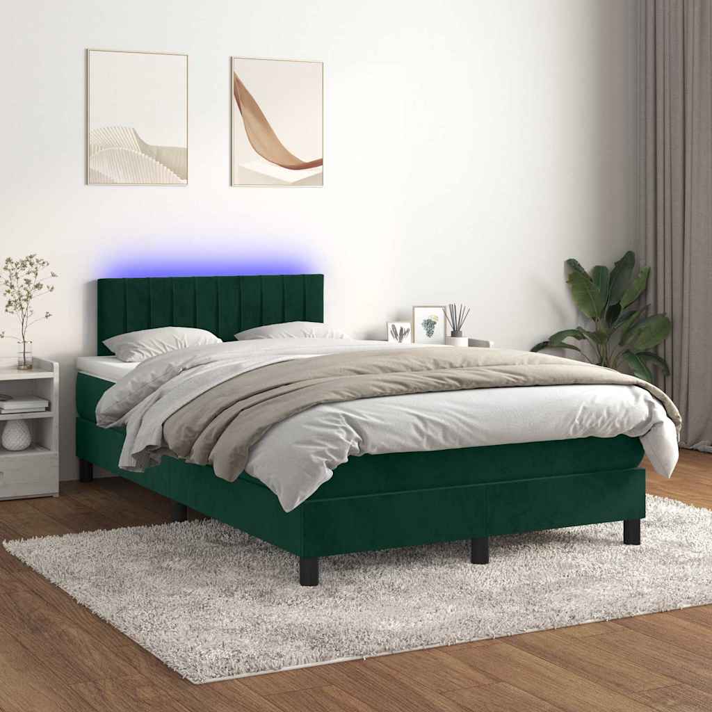 sötétzöld bársony rugós és LED-es ágy matraccal 120x200 cm