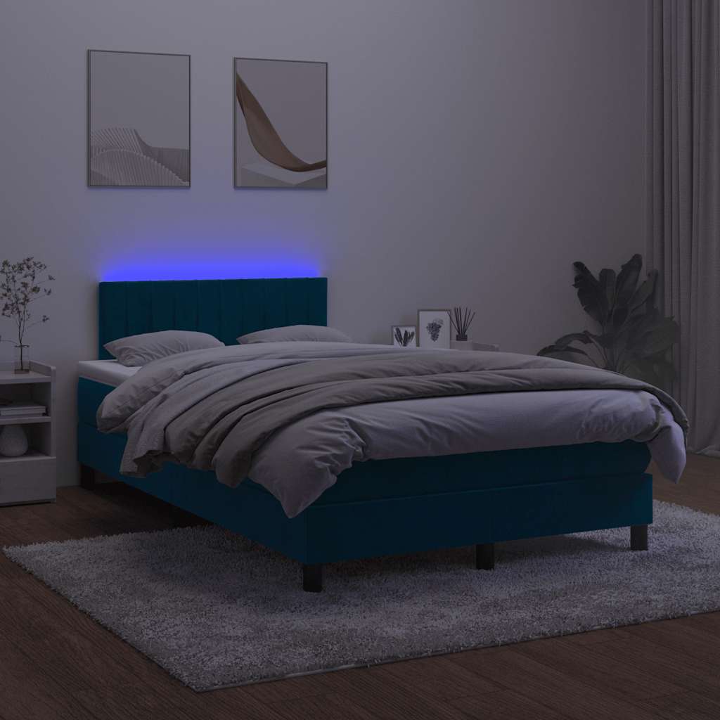 sötétkék bársony rugós és LED-es ágy matraccal 120x200 cm