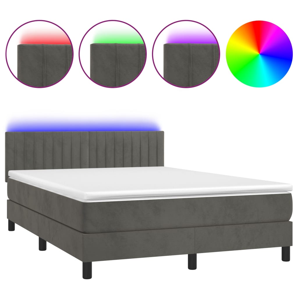sötétszürke bársony rugós és LED-es ágy matraccal 140x190 cm