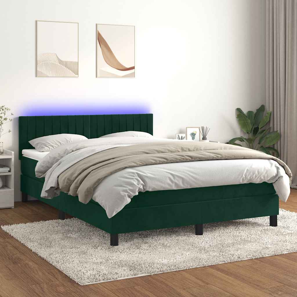 sötétzöld bársony rugós és LED-es ágy matraccal 140x190 cm