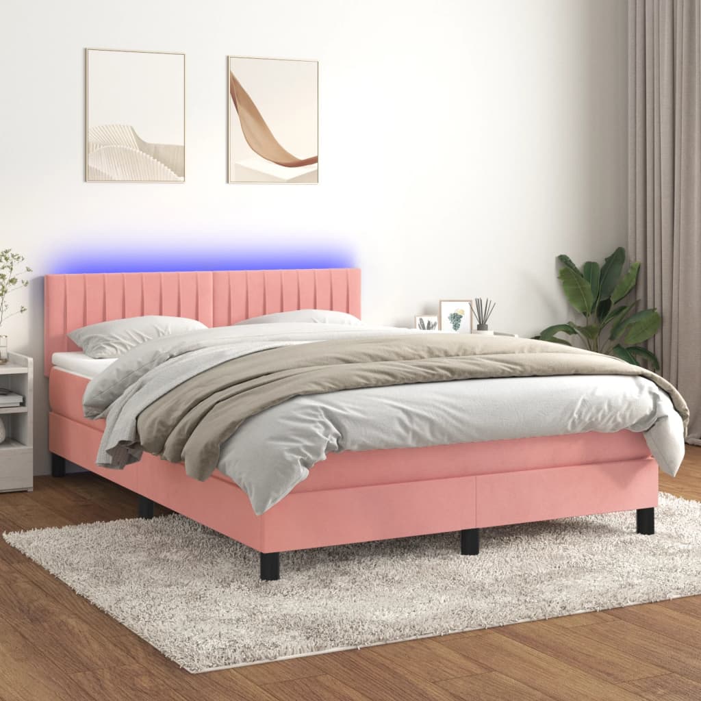 rózsaszín bársony rugós és LED-es ágy matraccal 140x190 cm