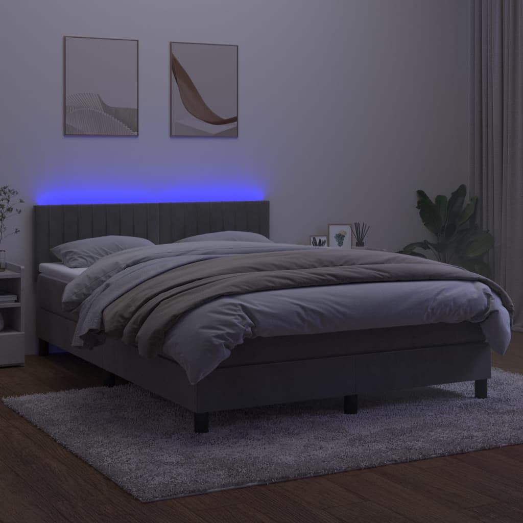 világosszürke bársony rugós és LED-es ágy matraccal 140x200 cm