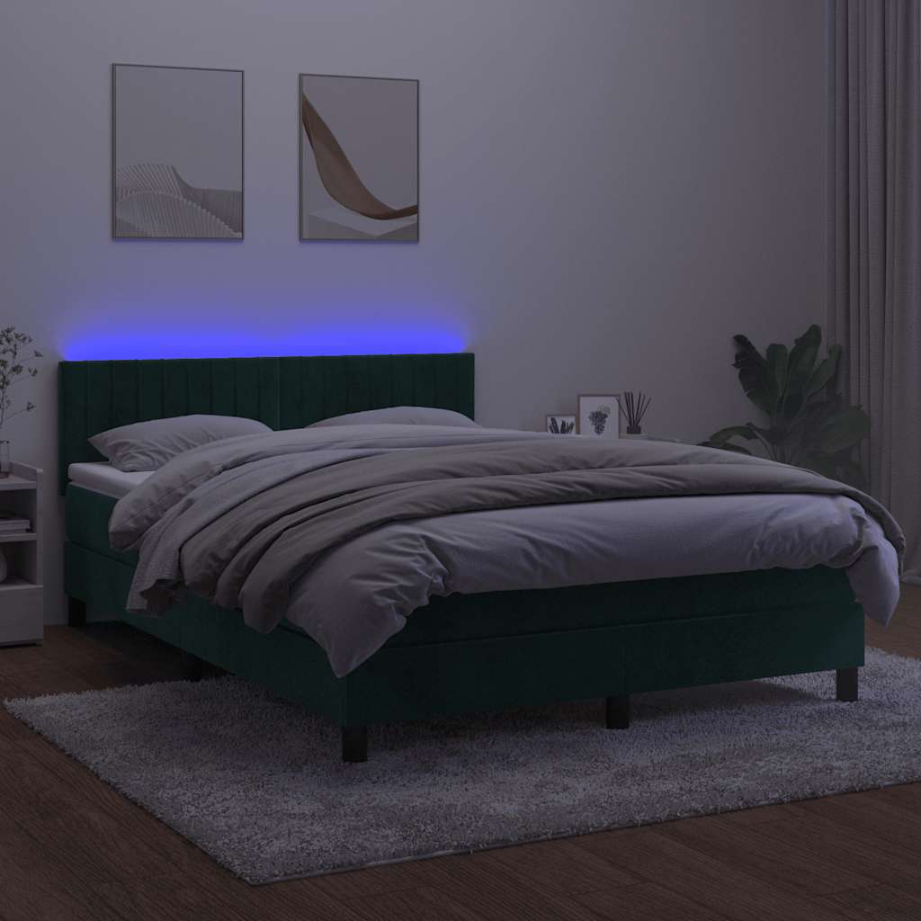 sötétzöld bársony rugós és LED-es ágy matraccal 140x200 cm