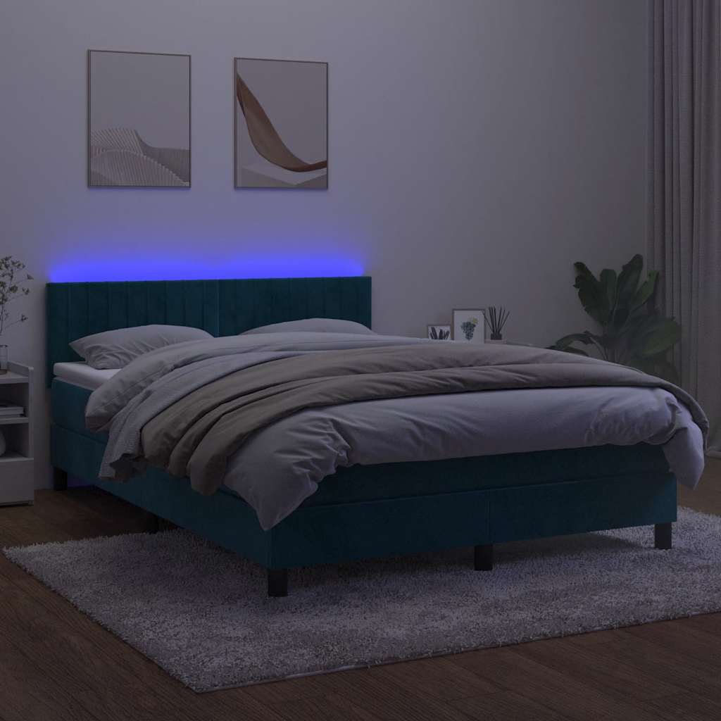 sötétkék bársony rugós és LED-es ágy matraccal 140x200 cm