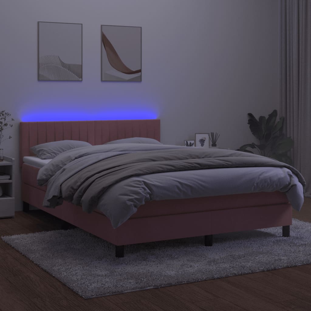 rózsaszín bársony rugós és LED-es ágy matraccal 140x200 cm