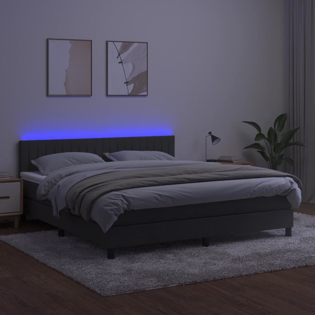 sötétszürke bársony rugós és LED-es ágy matraccal 160x200 cm