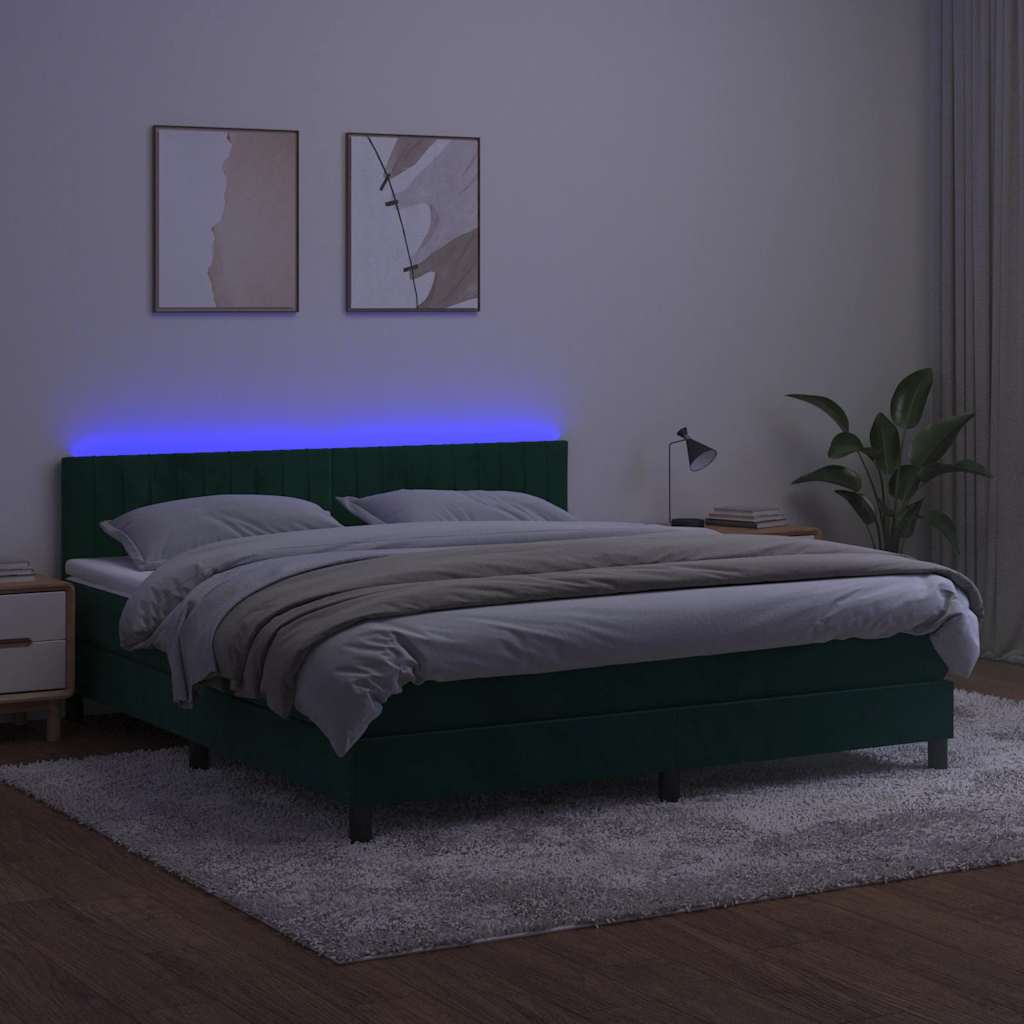 sötétzöld bársony rugós és LED-es ágy matraccal 160x200 cm