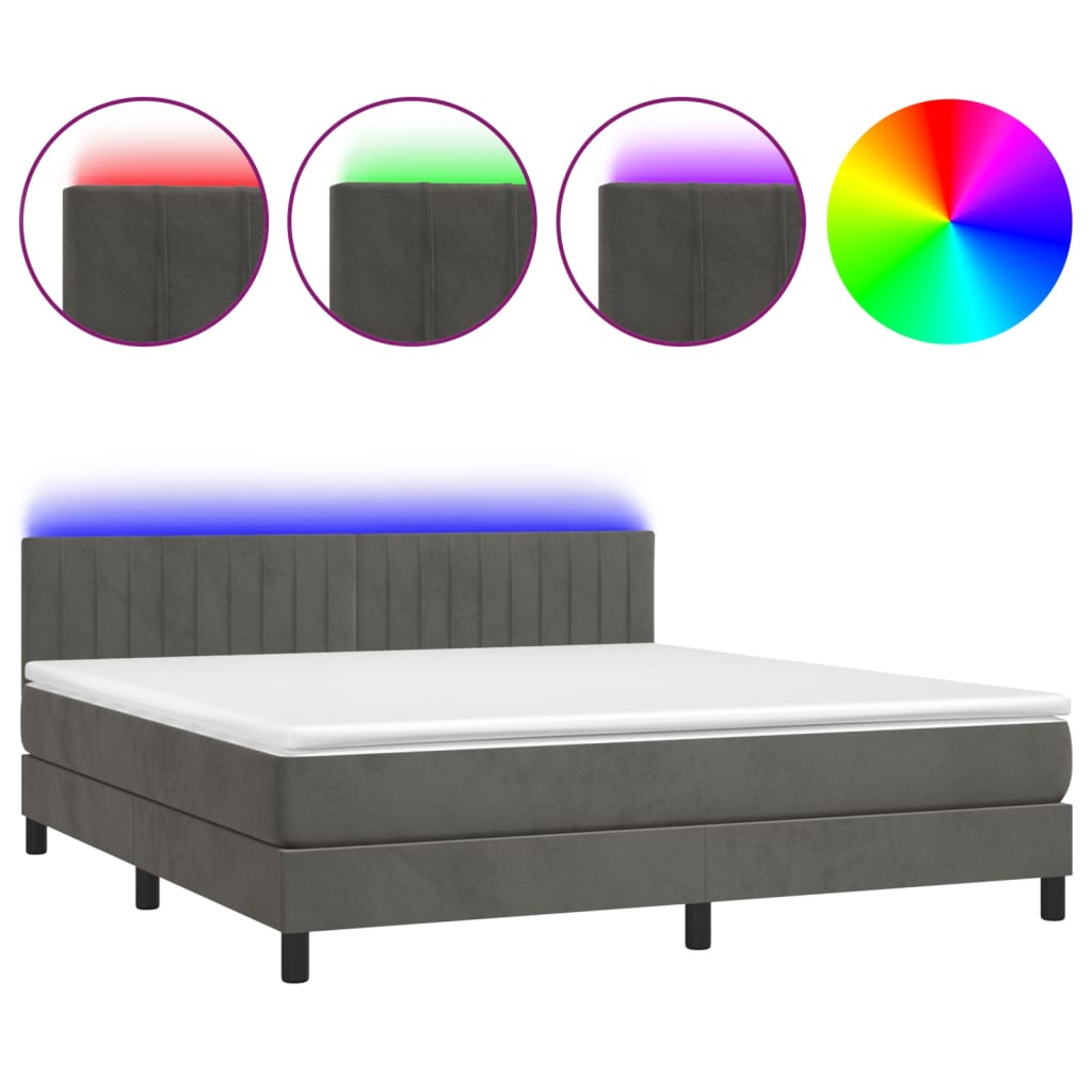 sötétszürke bársony rugós és LED-es ágy matraccal 180x200 cm