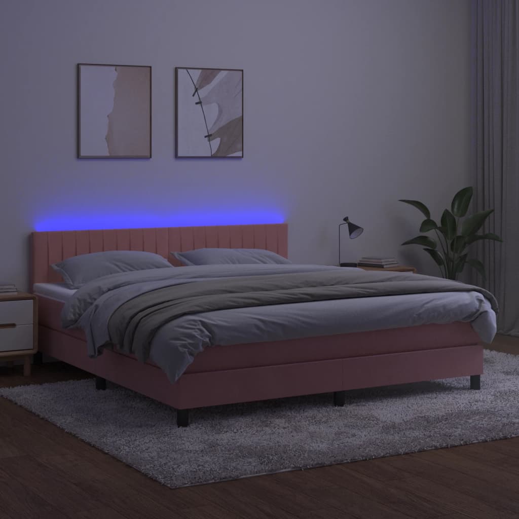 rózsaszín bársony rugós és LED-es ágy matraccal 180x200 cm