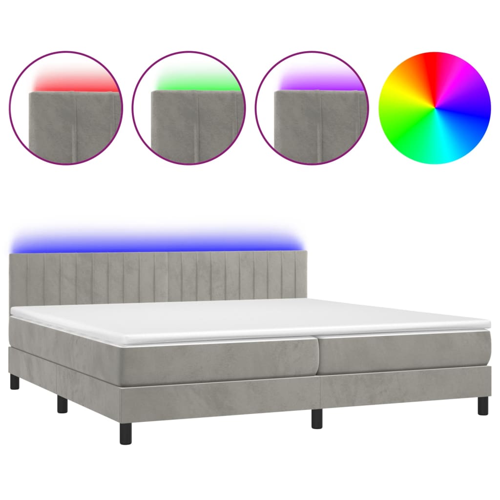 világosszürke bársony rugós és LED-es ágy matraccal 200x200 cm