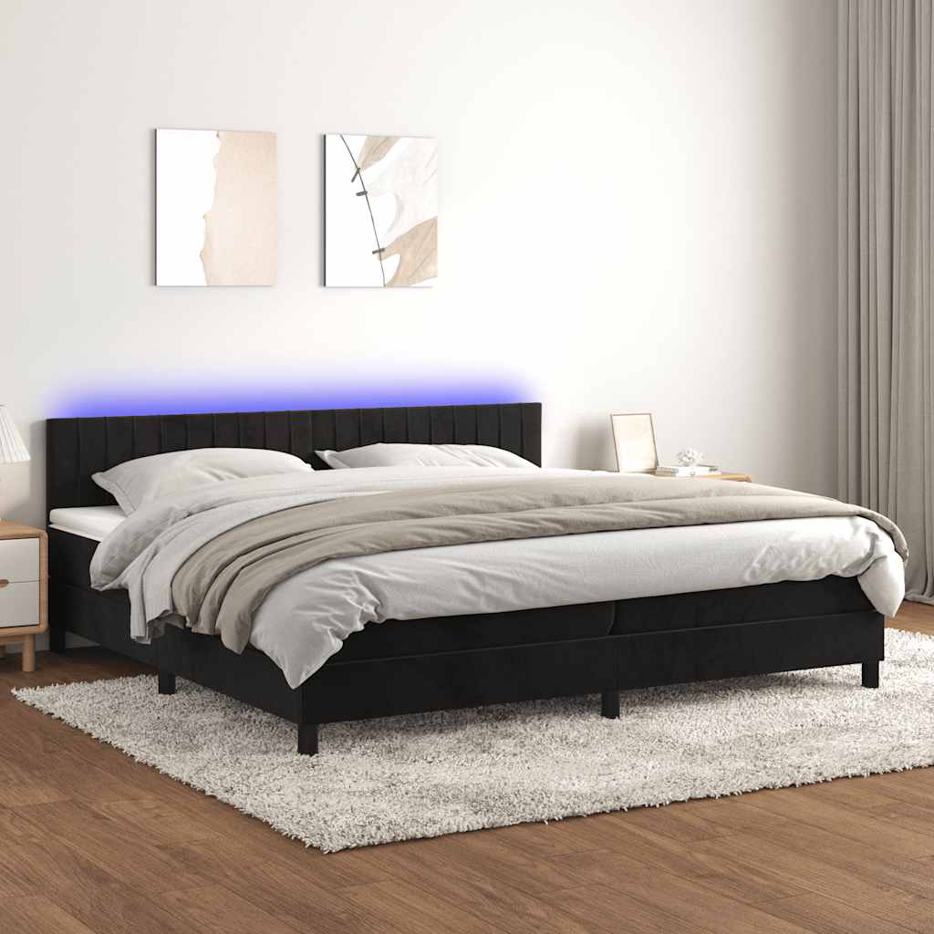 fekete bársony rugós és LED-es ágy matraccal 200x200 cm