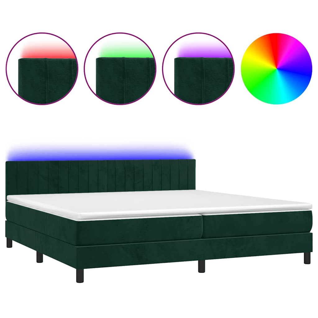 sötétzöld bársony rugós és LED-es ágy matraccal 200x200 cm
