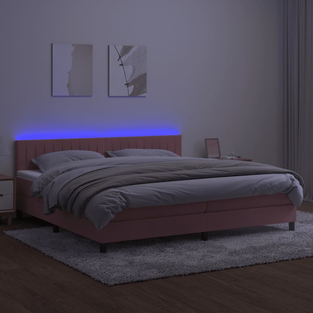 rózsaszín bársony rugós és LED-es ágy matraccal 200x200 cm
