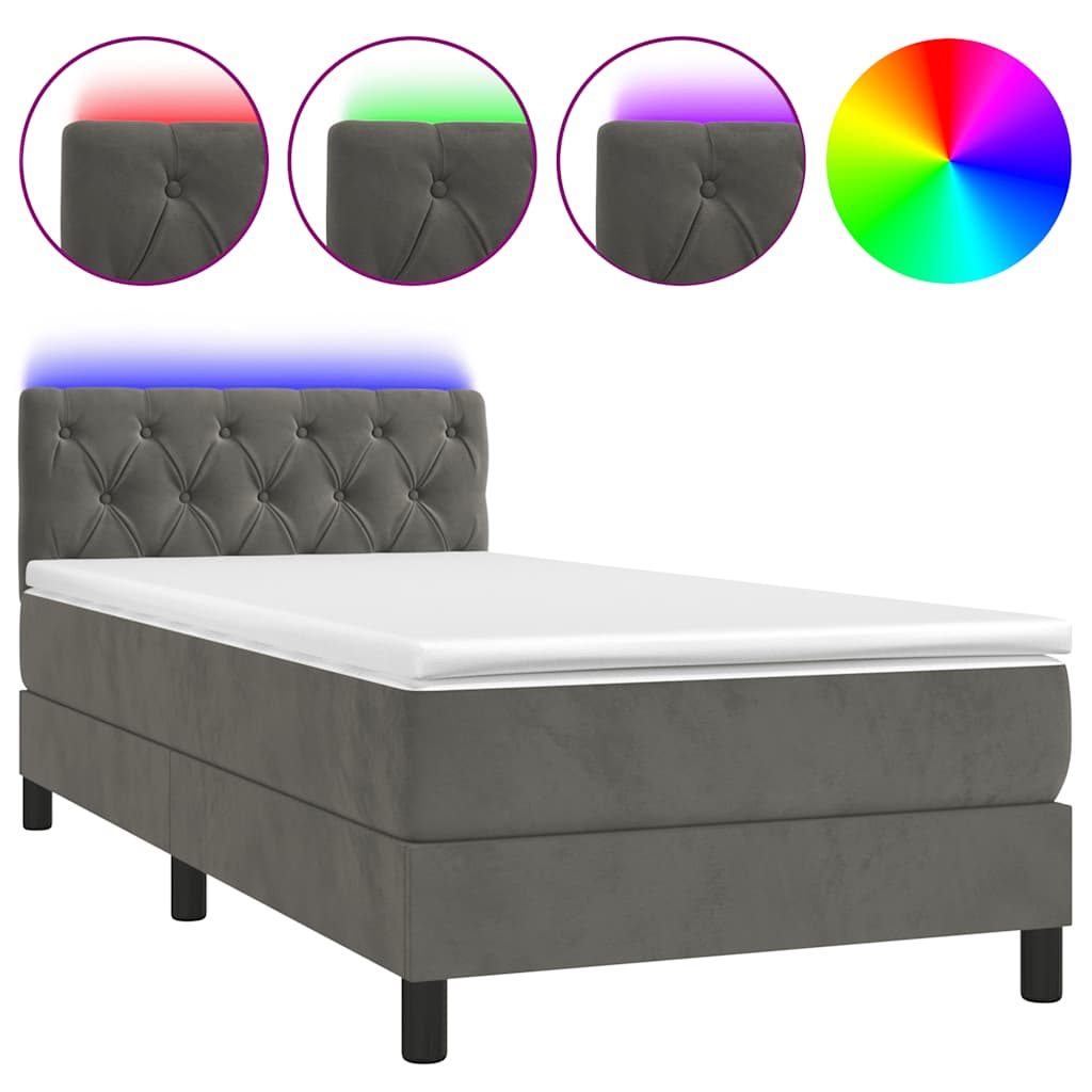 sötétszürke bársony rugós és LED-es ágy matraccal 80 x 200 cm
