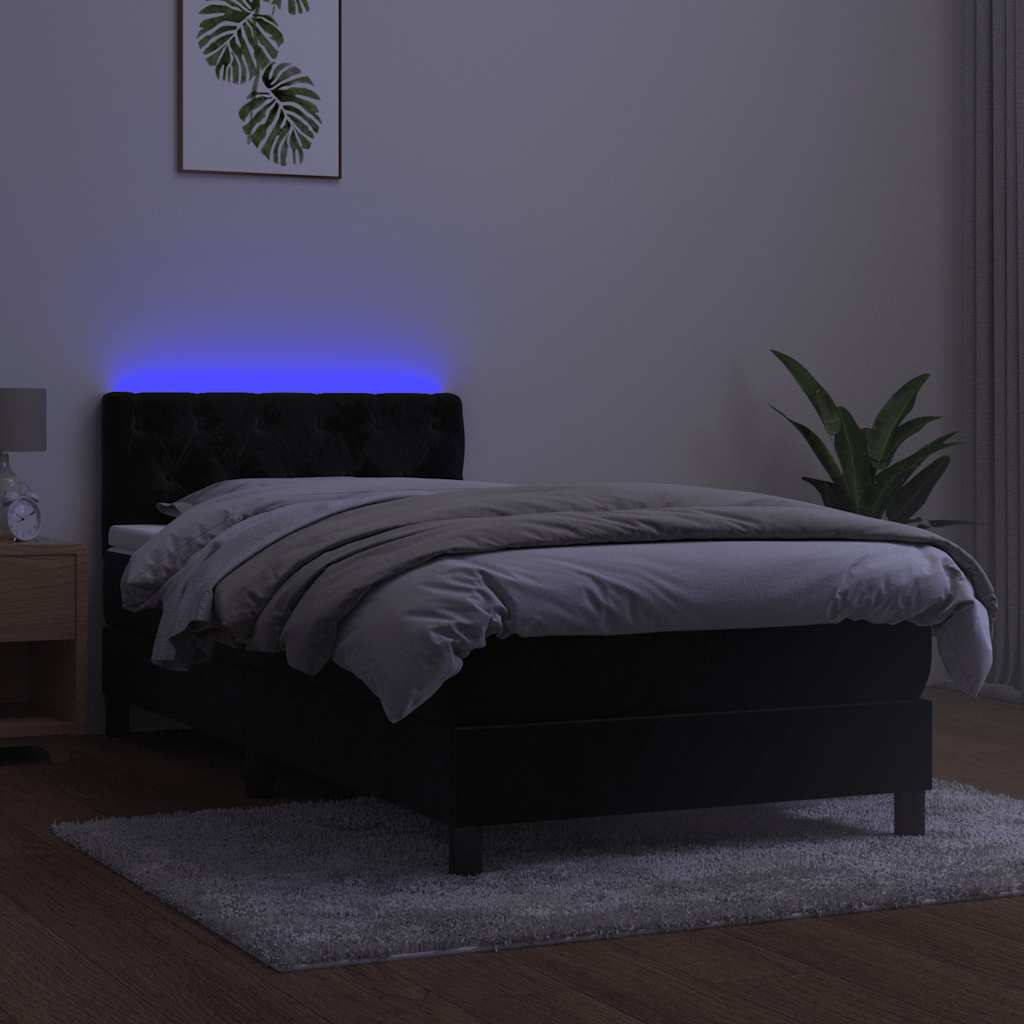 fekete bársony rugós és LED-es ágy matraccal 80 x 200 cm