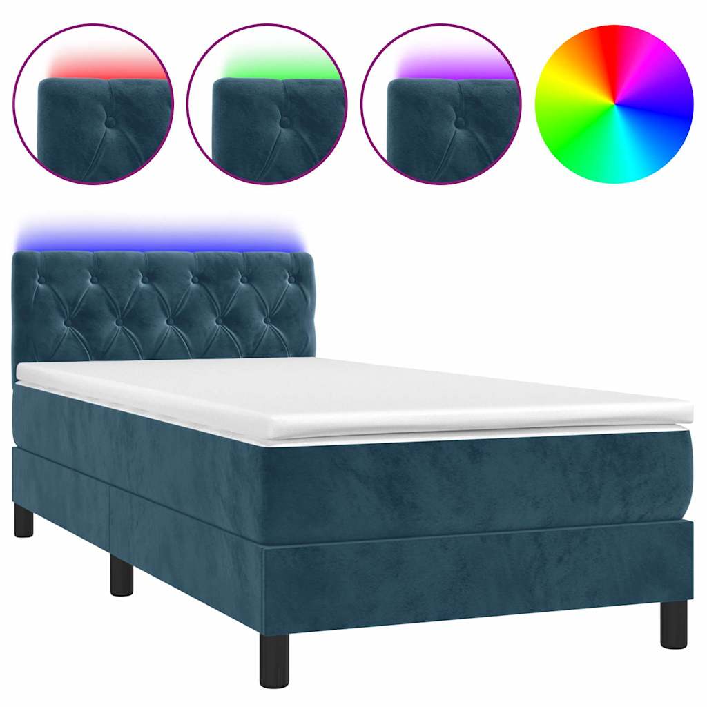 sötétkék bársony rugós és LED-es ágy matraccal 80 x 200 cm