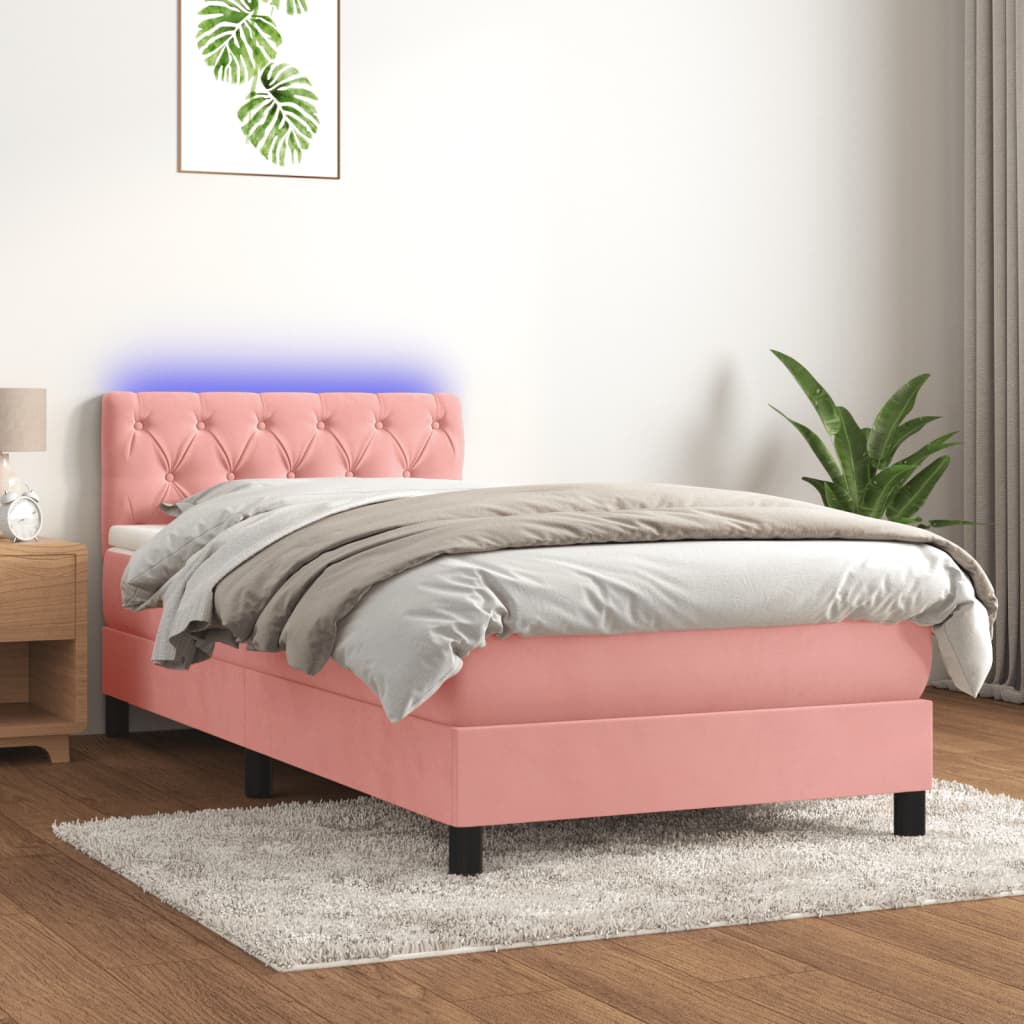 rózsaszín bársony rugós és LED-es ágy matraccal 80 x 200 cm