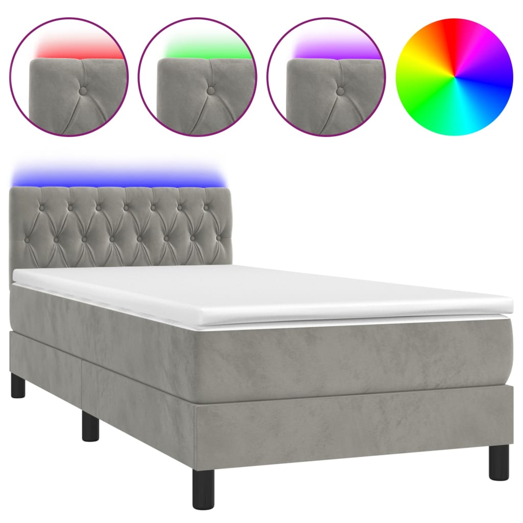 világosszürke bársony rugós és LED-es ágy matraccal 90x190 cm