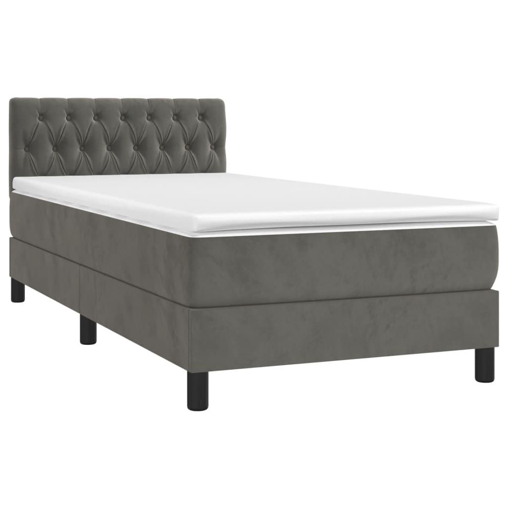 sötétszürke bársony rugós és LED-es ágy matraccal 90x190 cm