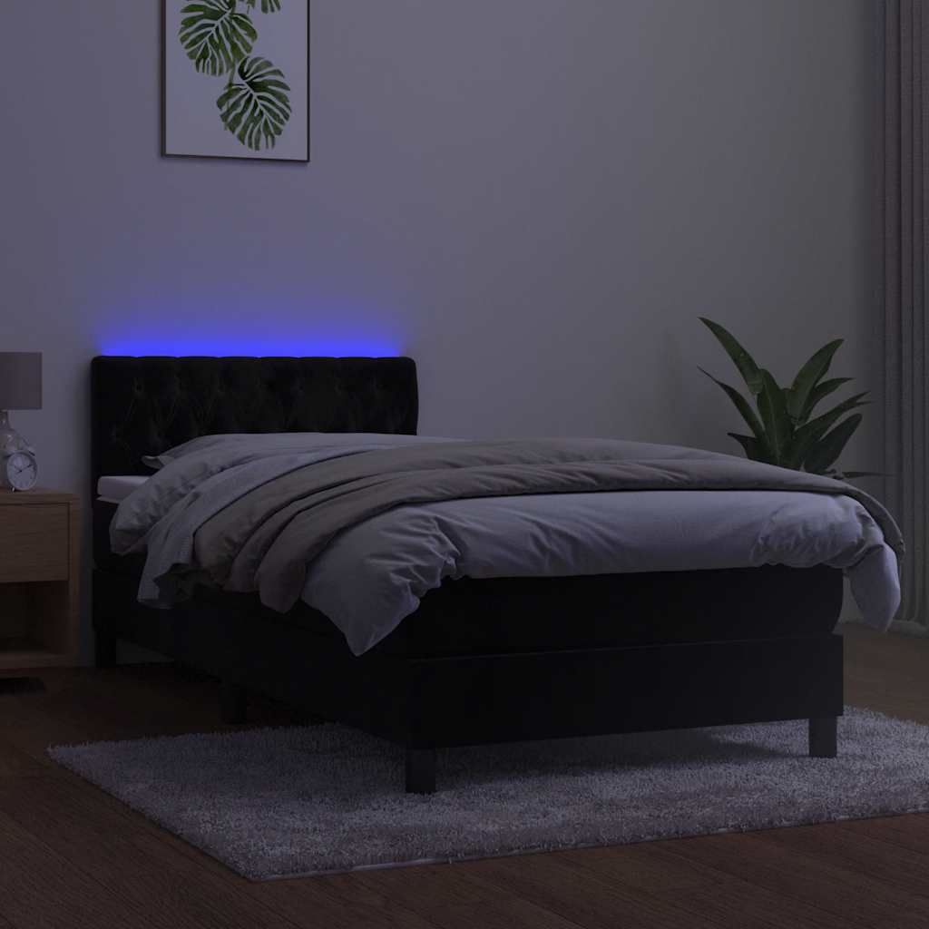 fekete bársony rugós és LED-es ágy matraccal 90x190 cm