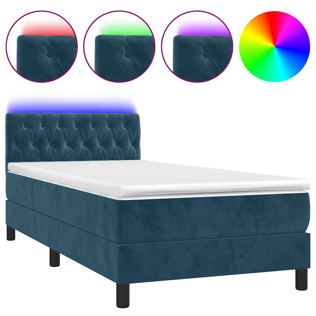sötétkék bársony rugós és LED-es ágy matraccal 90x190 cm