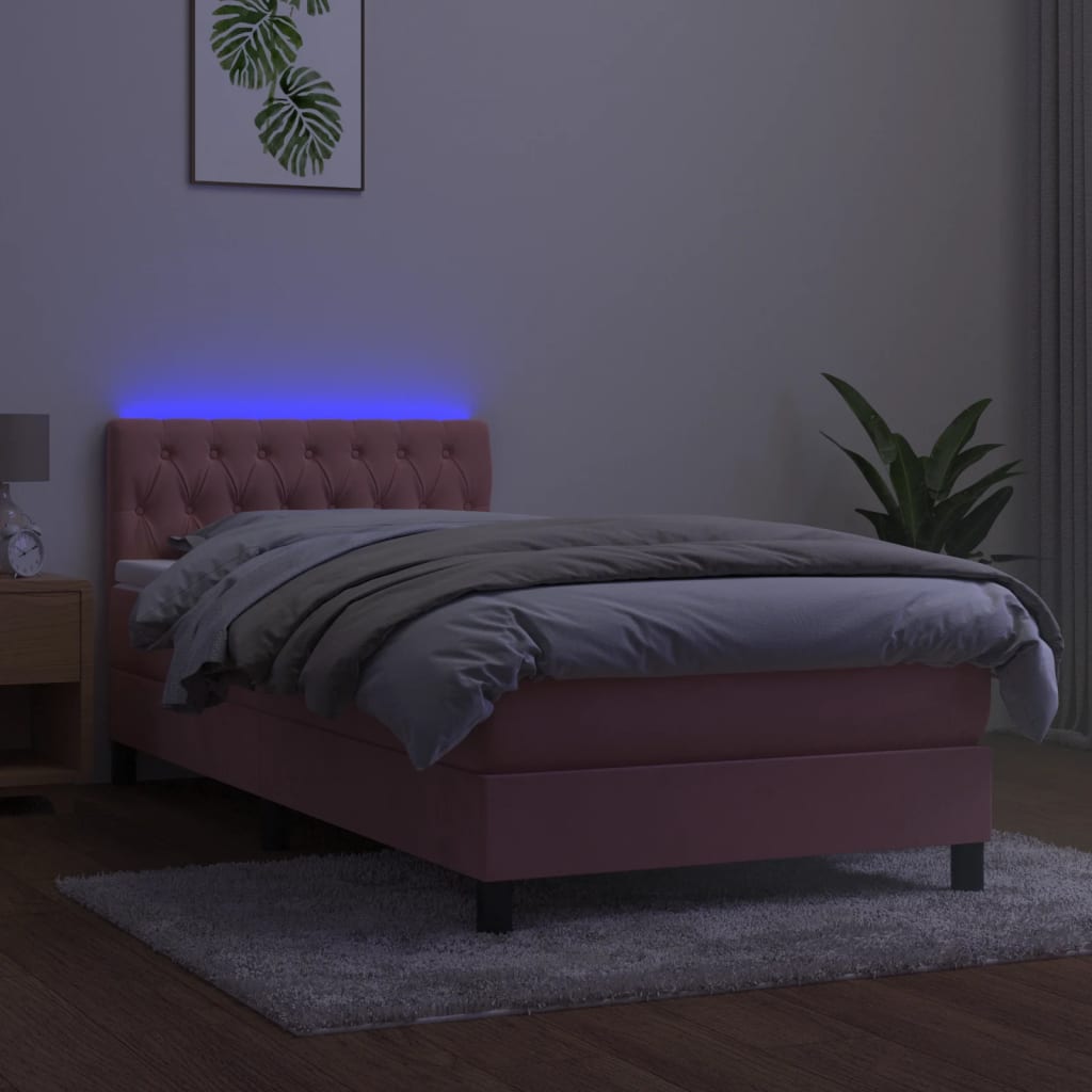 rózsaszín bársony rugós és LED-es ágy matraccal 90x190 cm