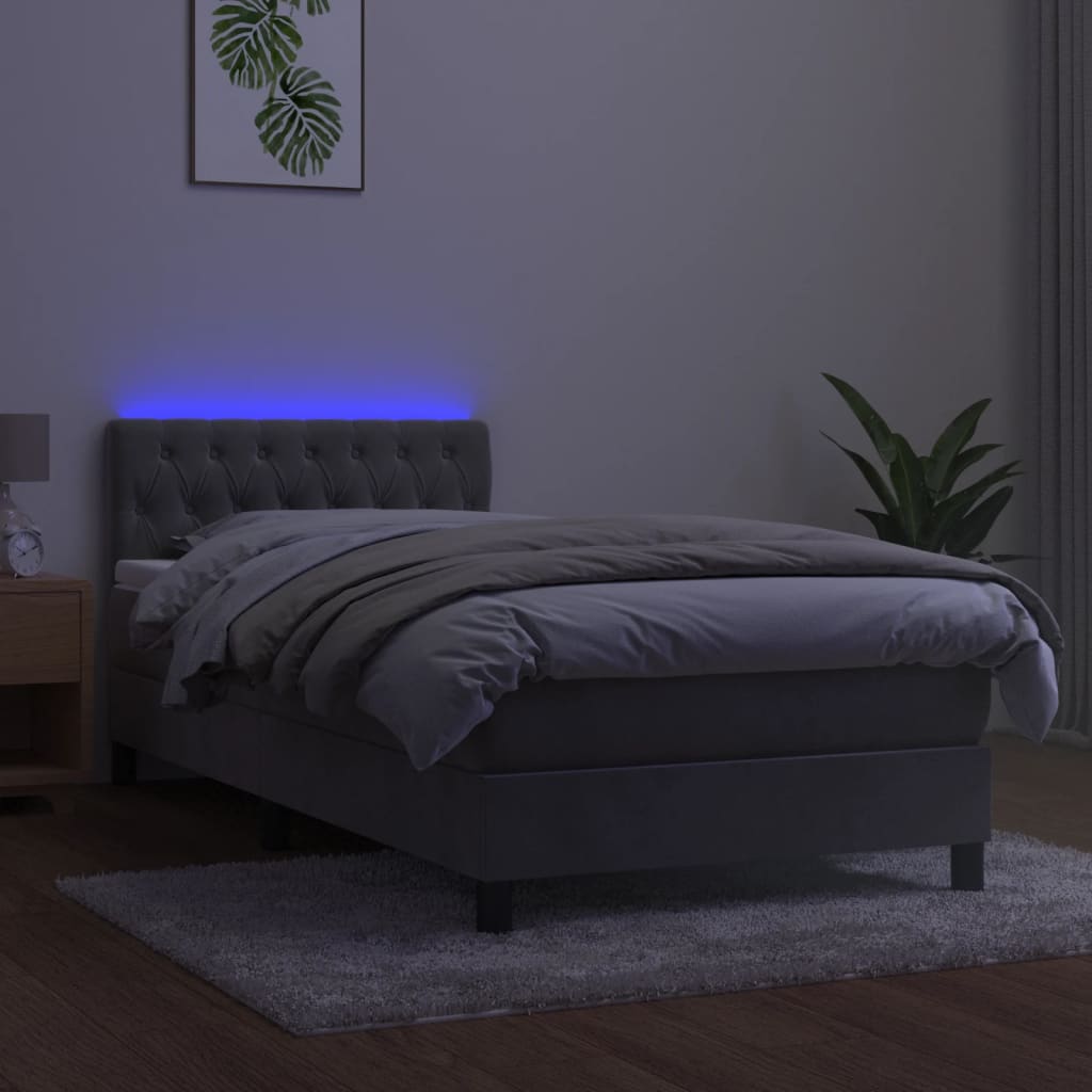világosszürke bársony rugós és LED-es ágy matraccal 90x200 cm