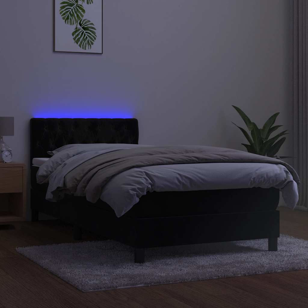 fekete bársony rugós és LED-es ágy matraccal 90x200 cm