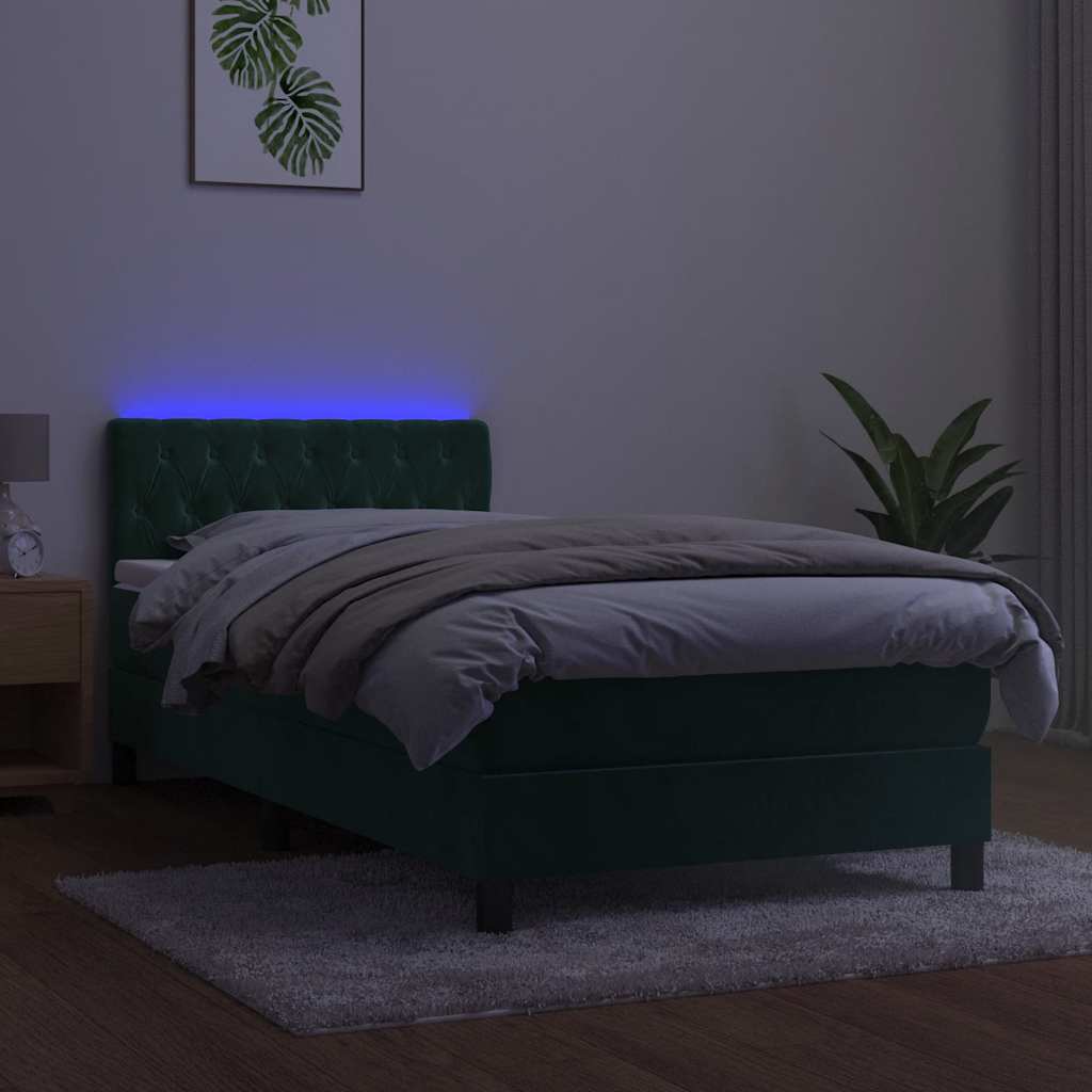 sötétzöld bársony rugós és LED-es ágy matraccal 90x200 cm