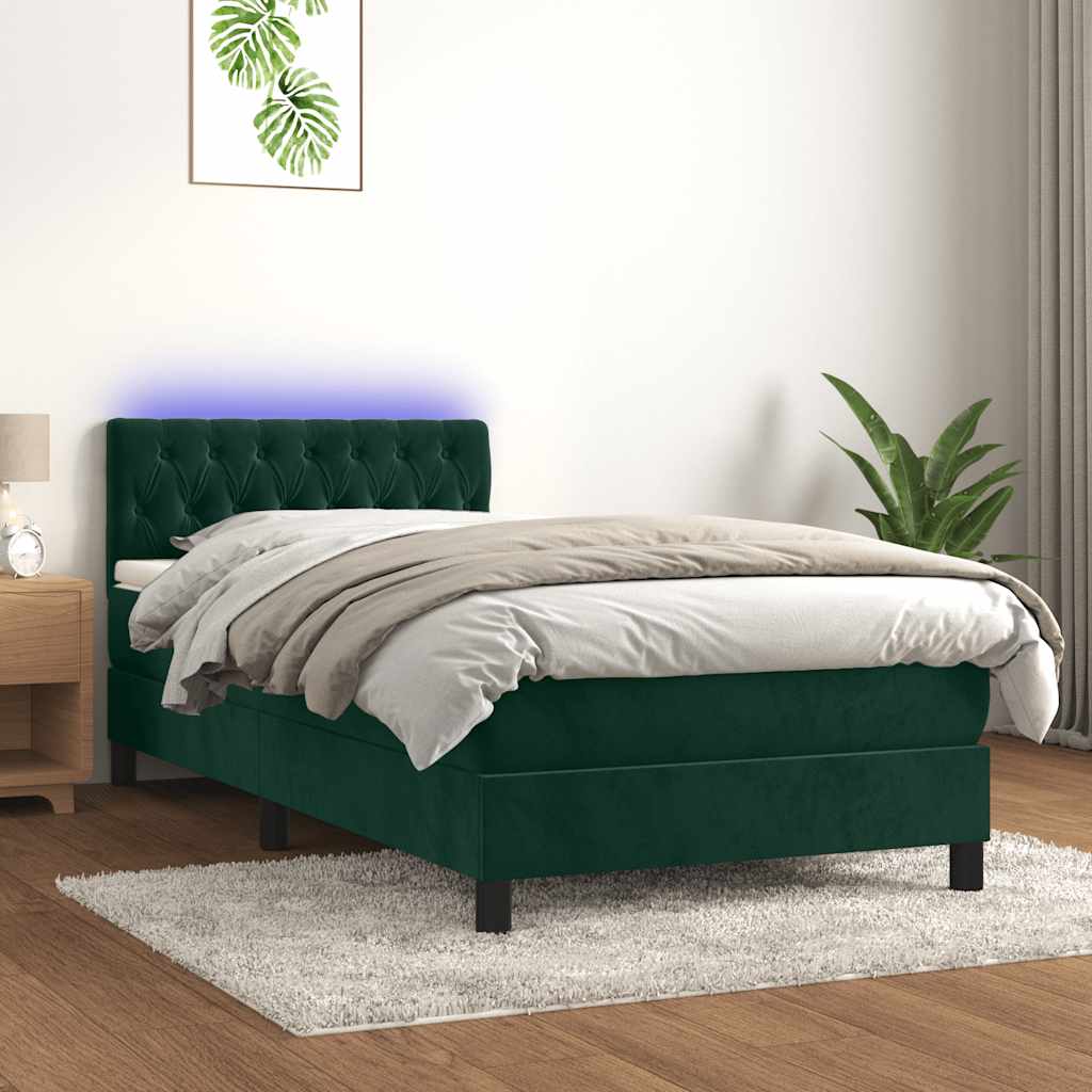 sötétzöld bársony rugós és LED-es ágy matraccal 90x200 cm