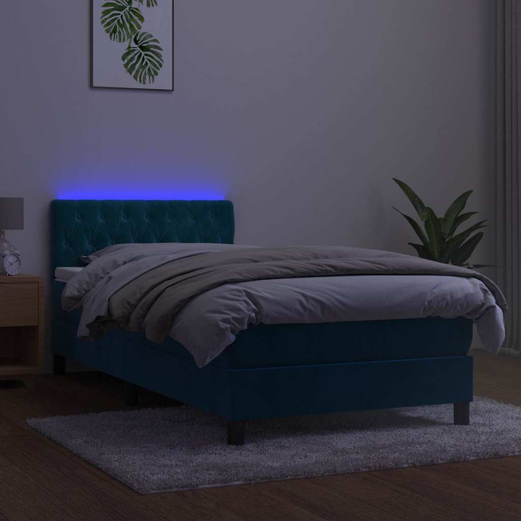 sötétkék bársony rugós és LED-es ágy matraccal 90x200 cm