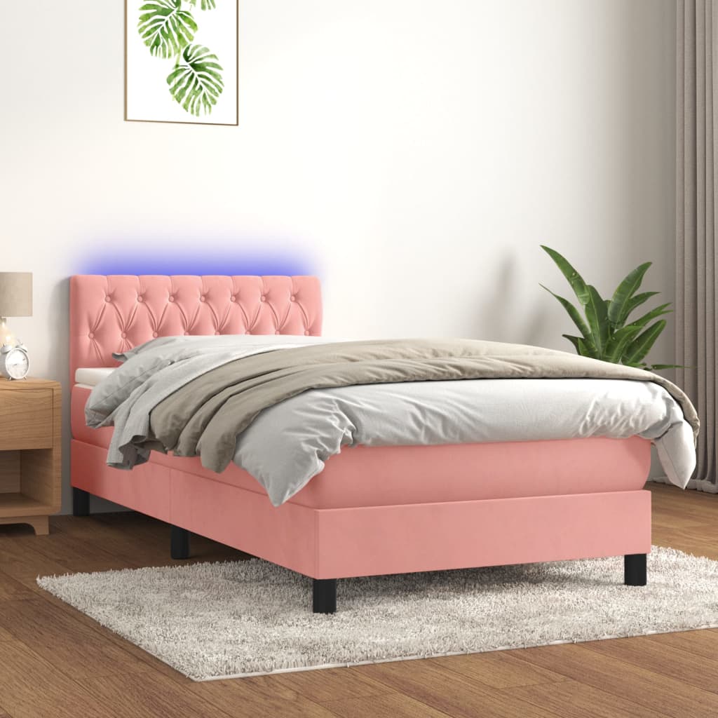 rózsaszín bársony rugós és LED-es ágy matraccal 90x200 cm