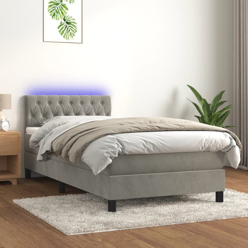világosszürke bársony rugós és LED-es ágy matraccal 100x200 cm