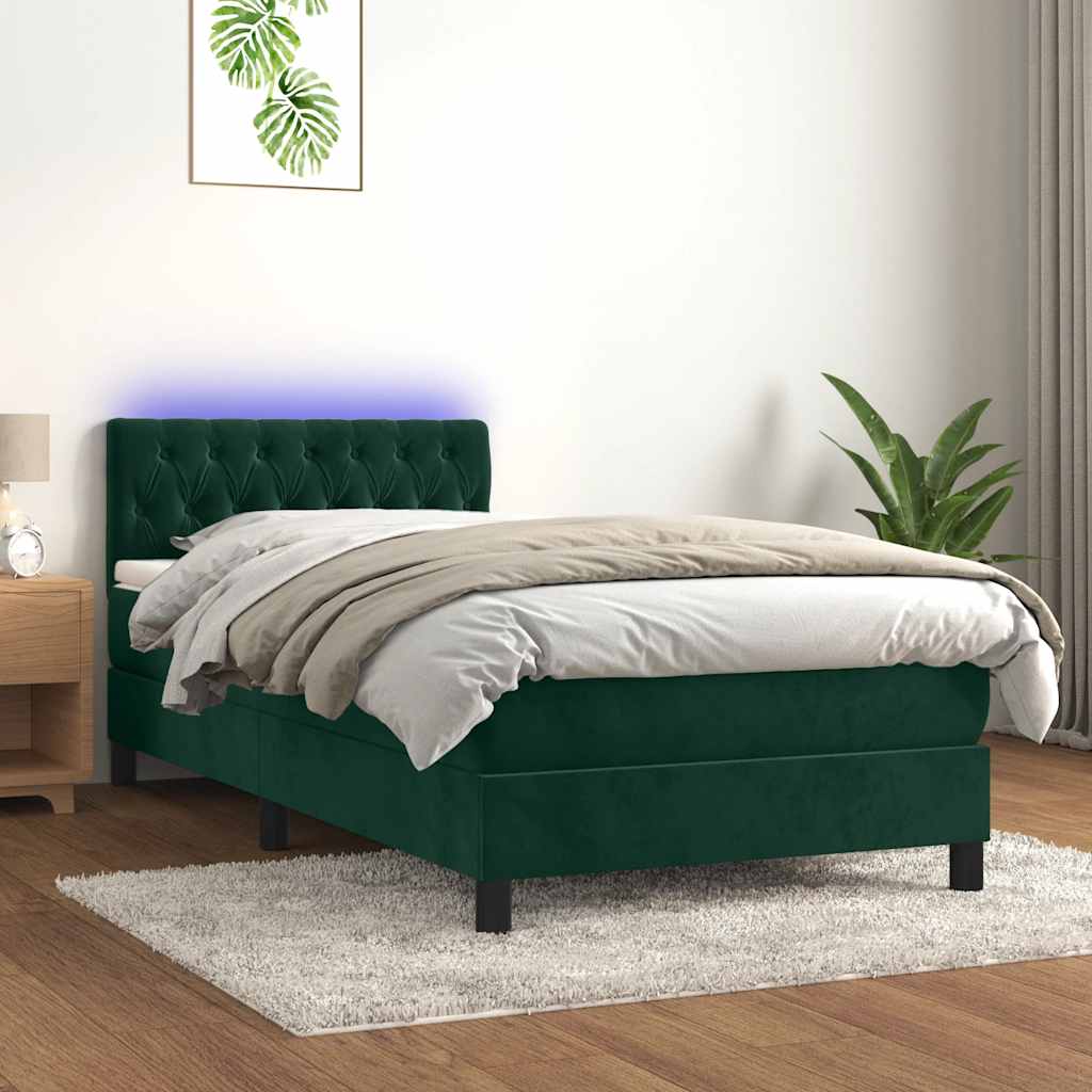 sötétzöld bársony rugós és LED-es ágy matraccal 100x200 cm