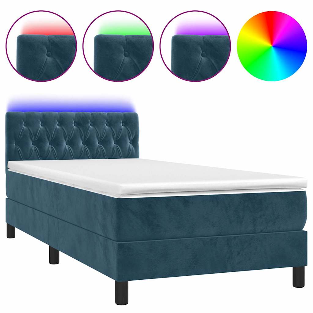 sötétkék bársony rugós és LED-es ágy matraccal 100x200 cm
