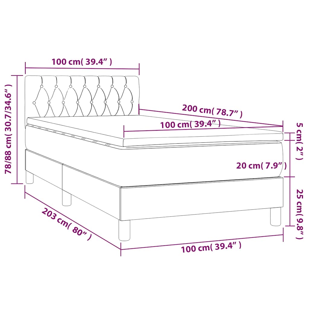 sötétkék bársony rugós és LED-es ágy matraccal 100x200 cm