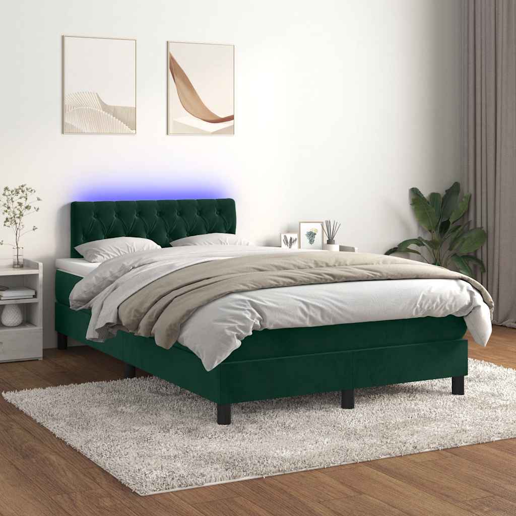 sötétzöld bársony rugós és LED-es ágy matraccal 120x200 cm