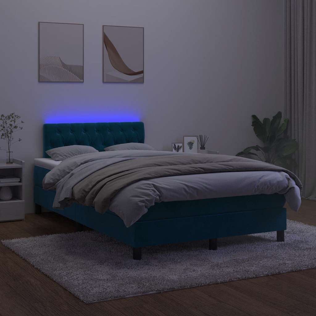 sötétkék bársony rugós és LED-es ágy matraccal 120x200 cm