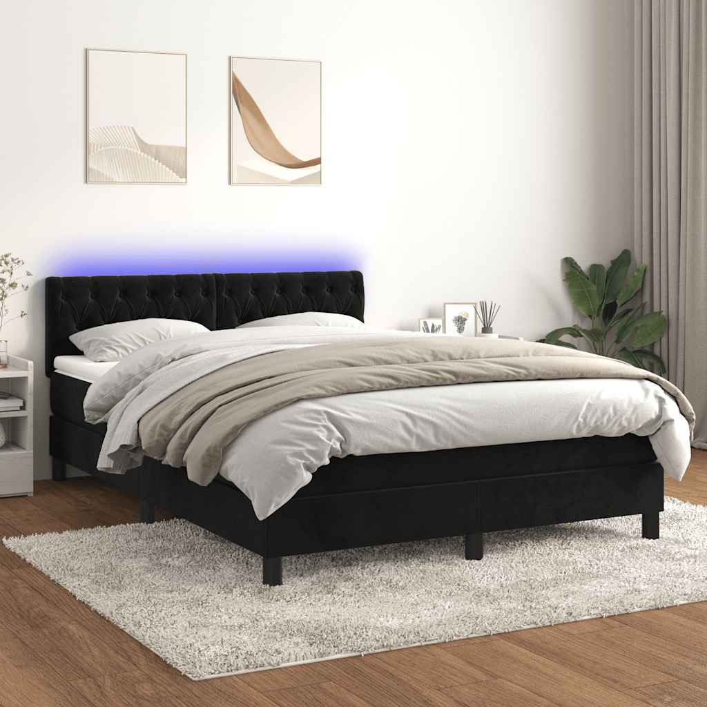 fekete bársony rugós és LED-es ágy matraccal 140x190 cm