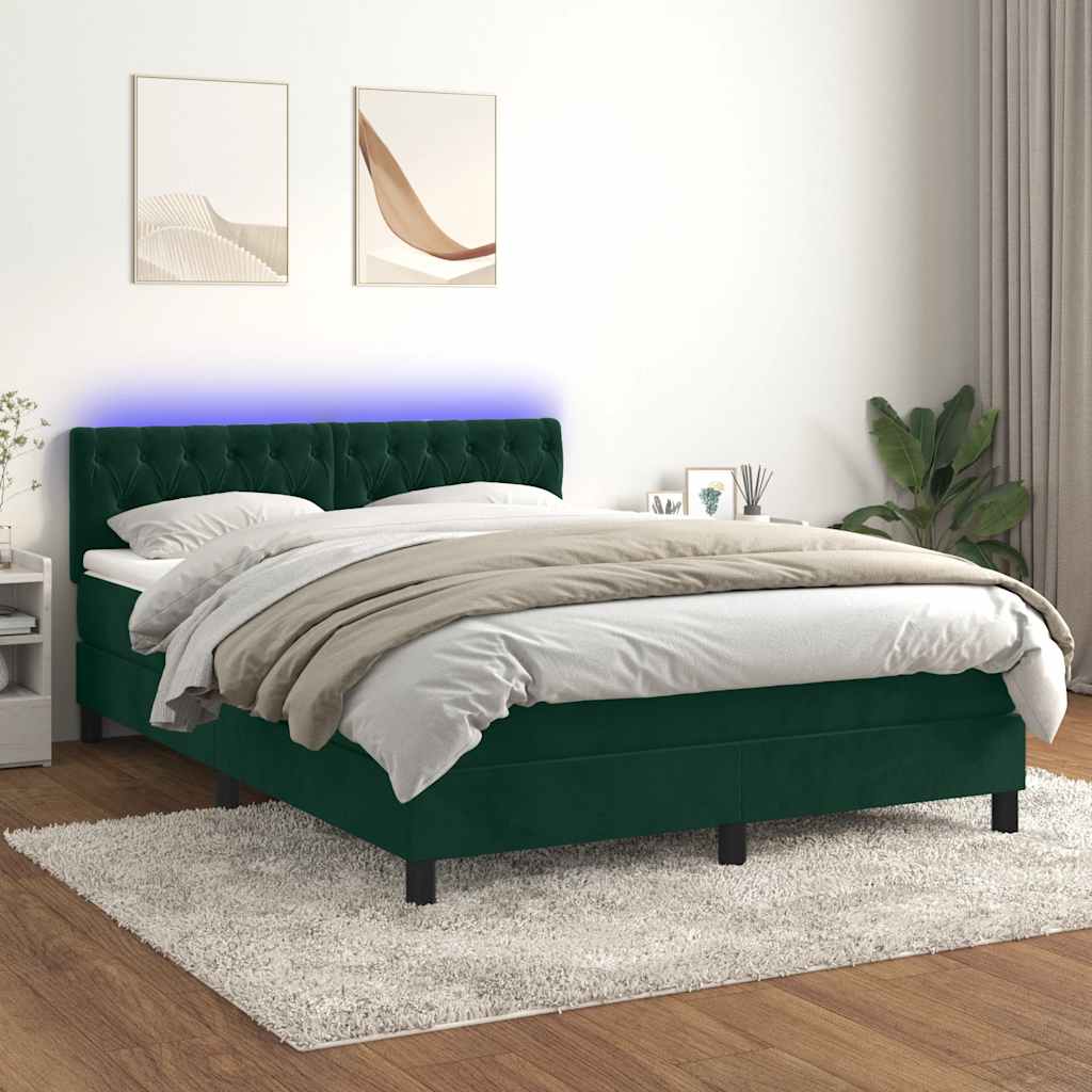 sötétzöld bársony rugós és LED-es ágy matraccal 140x190 cm