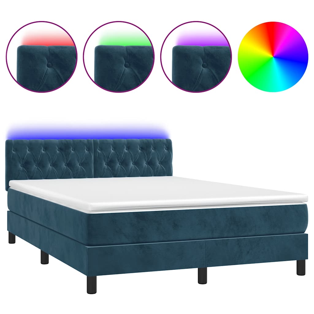 sötétkék bársony rugós és LED-es ágy matraccal 140x190 cm