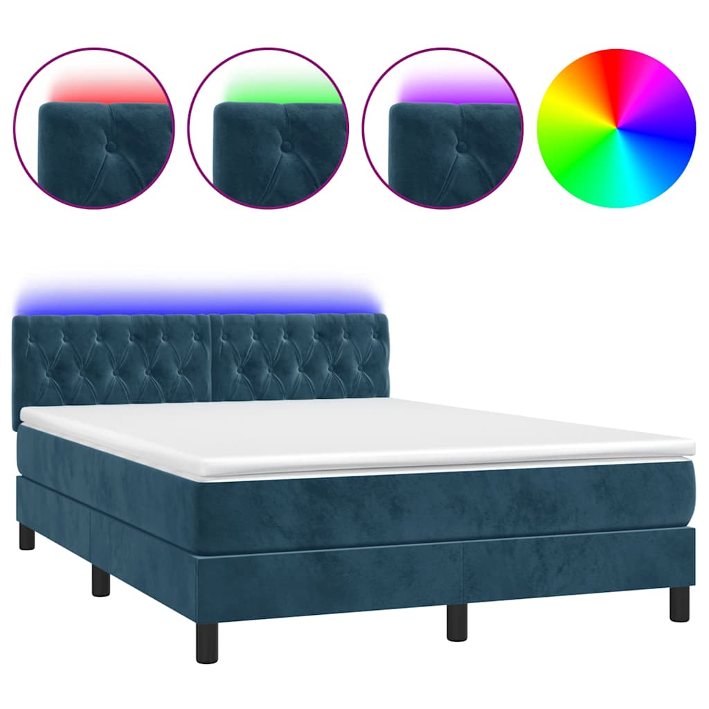 sötétkék bársony rugós és LED-es ágy matraccal 140x200 cm