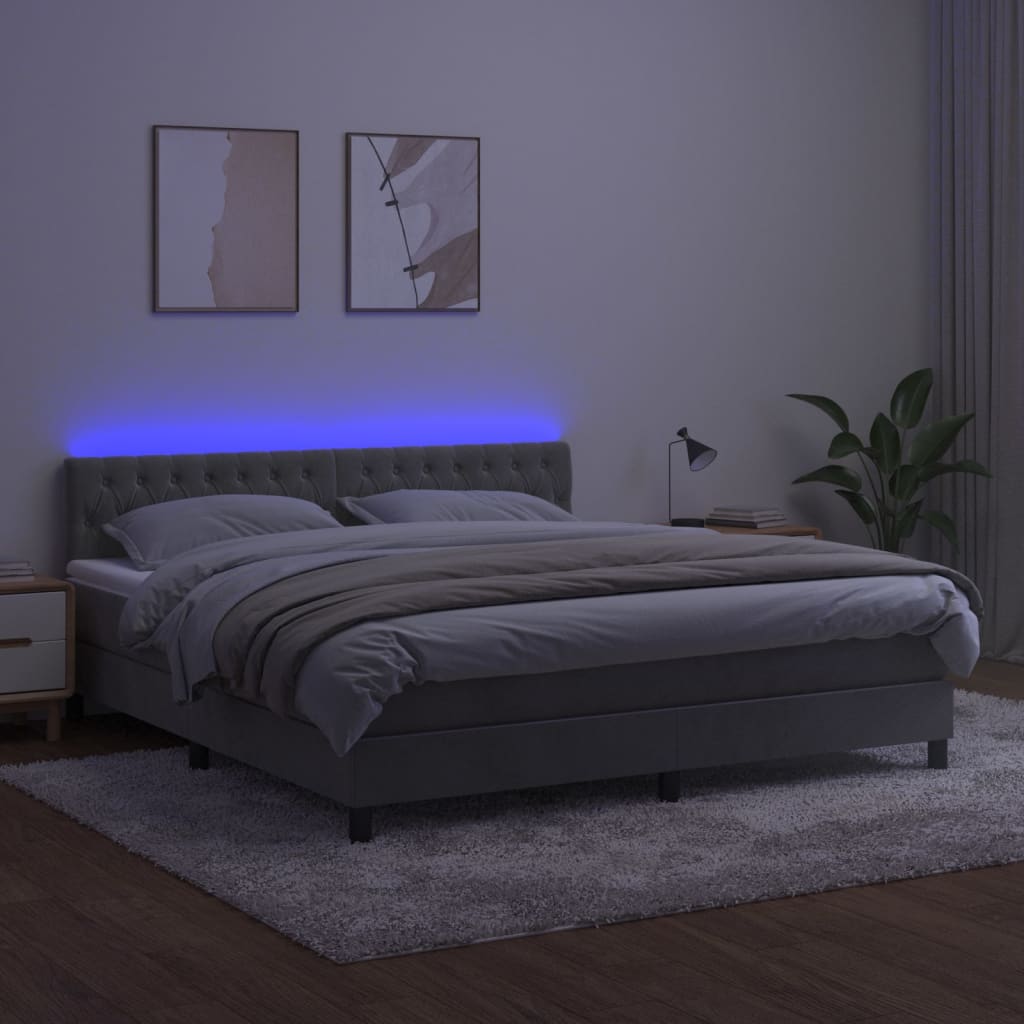 világosszürke bársony rugós és LED-es ágy matraccal 160x200 cm