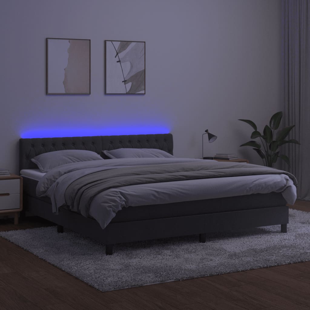 sötétszürke bársony rugós és LED-es ágy matraccal 160x200 cm