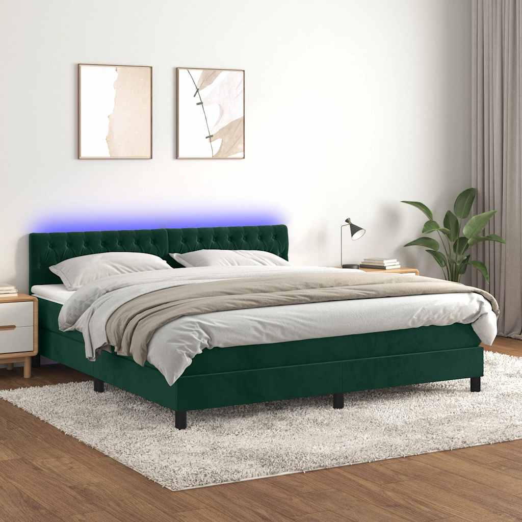 sötétzöld bársony rugós és LED-es ágy matraccal 160x200 cm