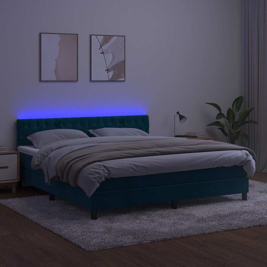 sötétkék bársony rugós és LED-es ágy matraccal 160x200 cm