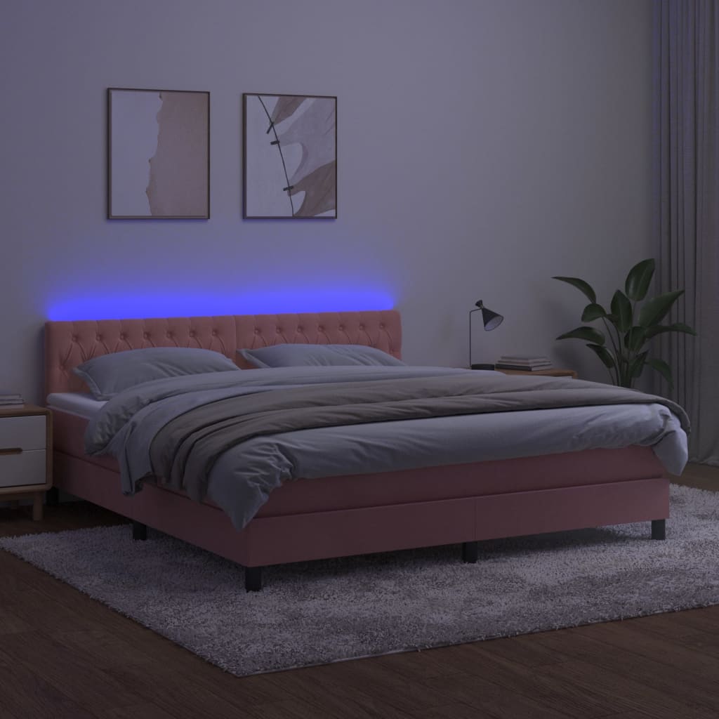 rózsaszín bársony rugós és LED-es ágy matraccal 160x200 cm